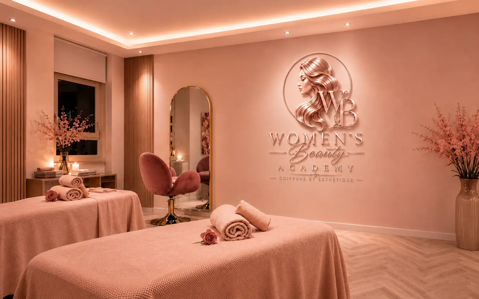 Cabine de soins Women's Beauty Academy avec logo rose-gold au mur